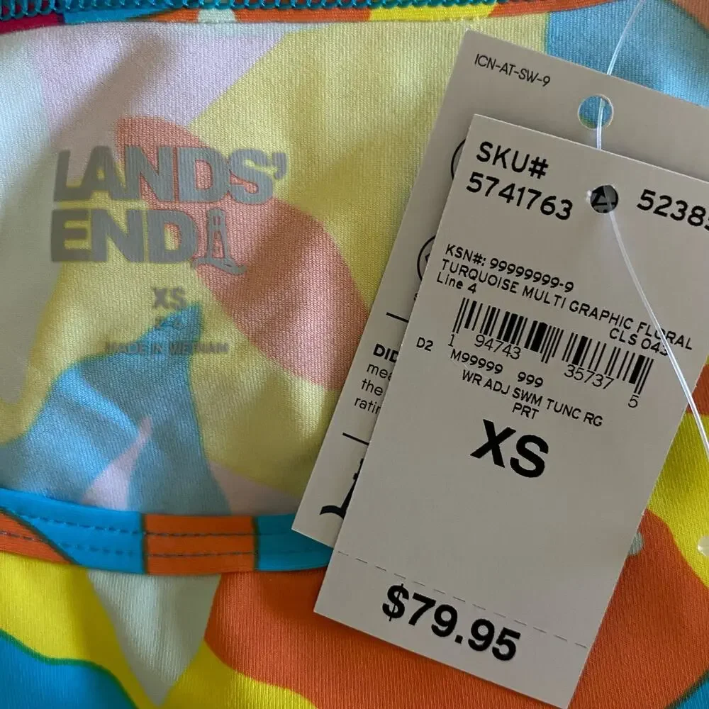 LANDS END NWT Multi Graphic Floral Cinched Waist Long Sleeve Rashguard Size XS